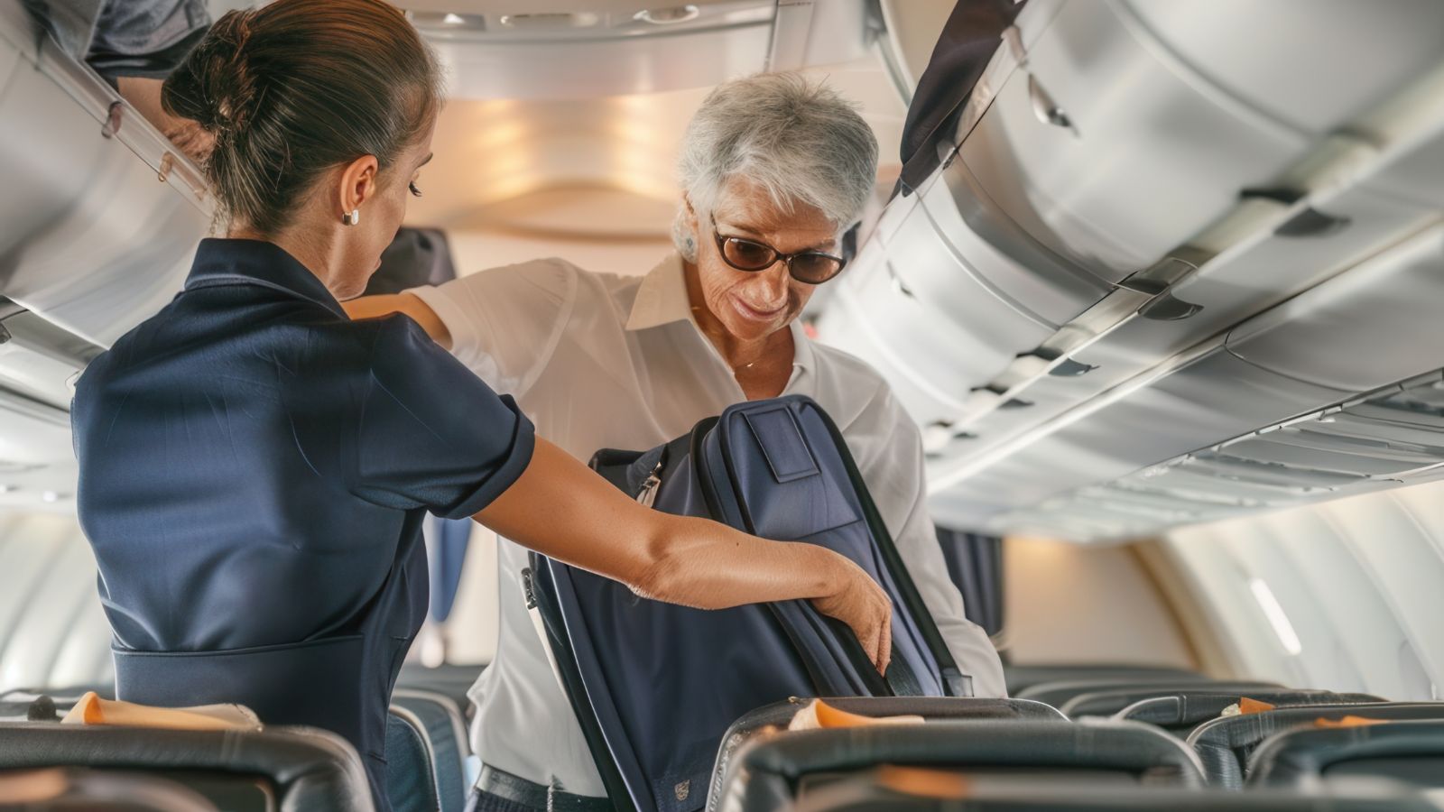 A photo of an Airplane cabin aisle during a long-haul flight, traveler over 50 standing and gently stretching near the galley.