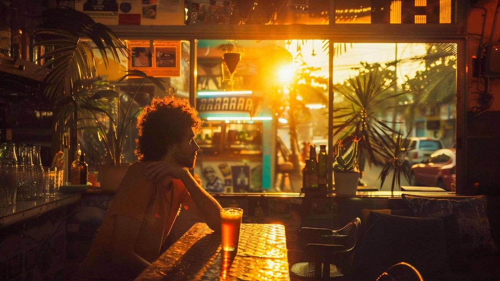 A photo of a Solo traveler sitting at an outdoor café or bar in Cabo at sunset.