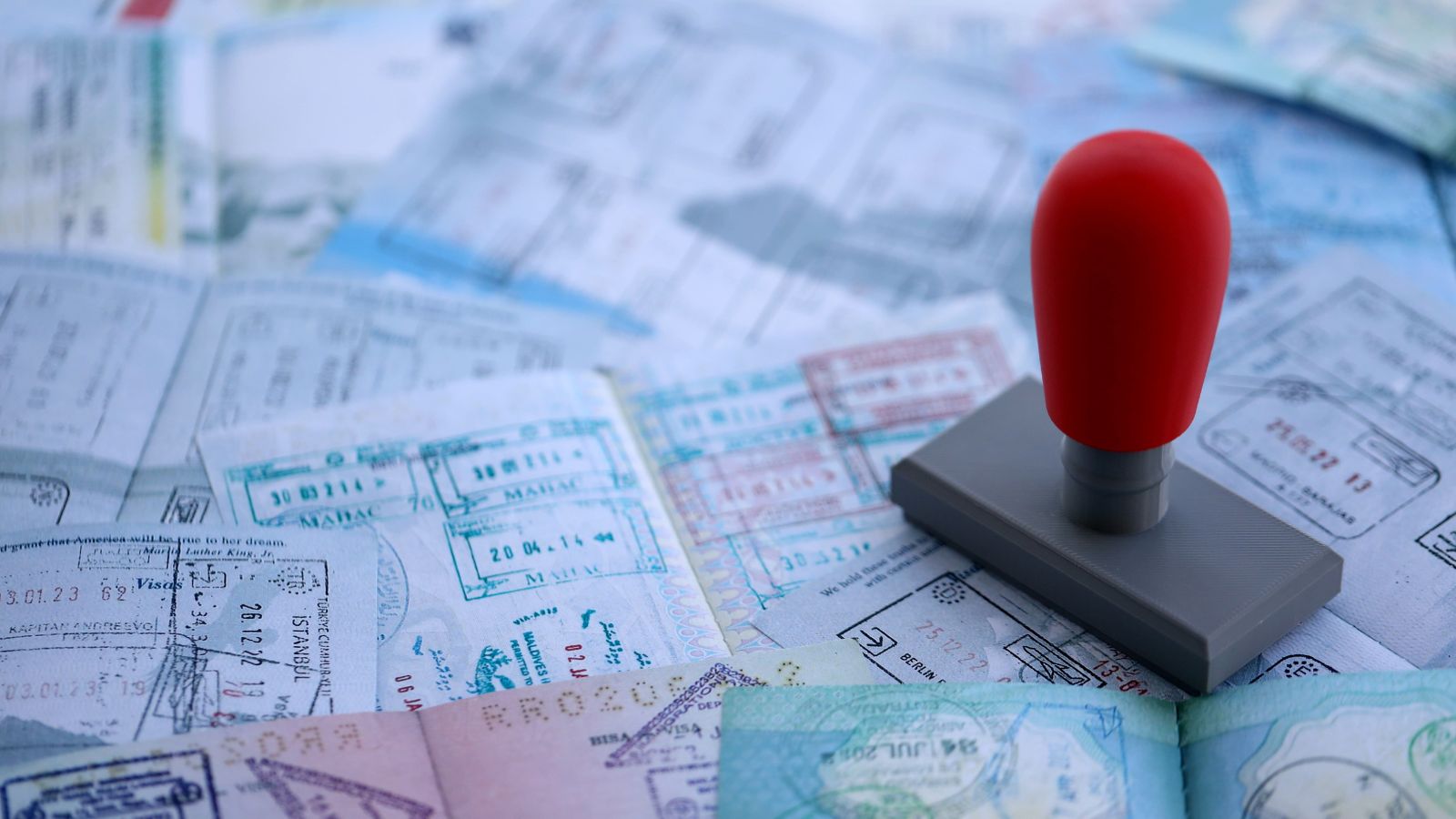 A photo of a Visa stamp travel documents.