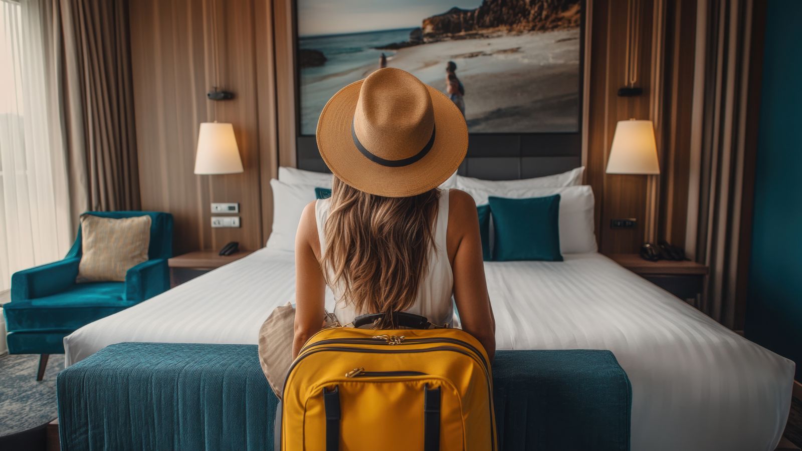 A photo of a woman traveler with a traveling bag and a hat facing the hotel bedroom.