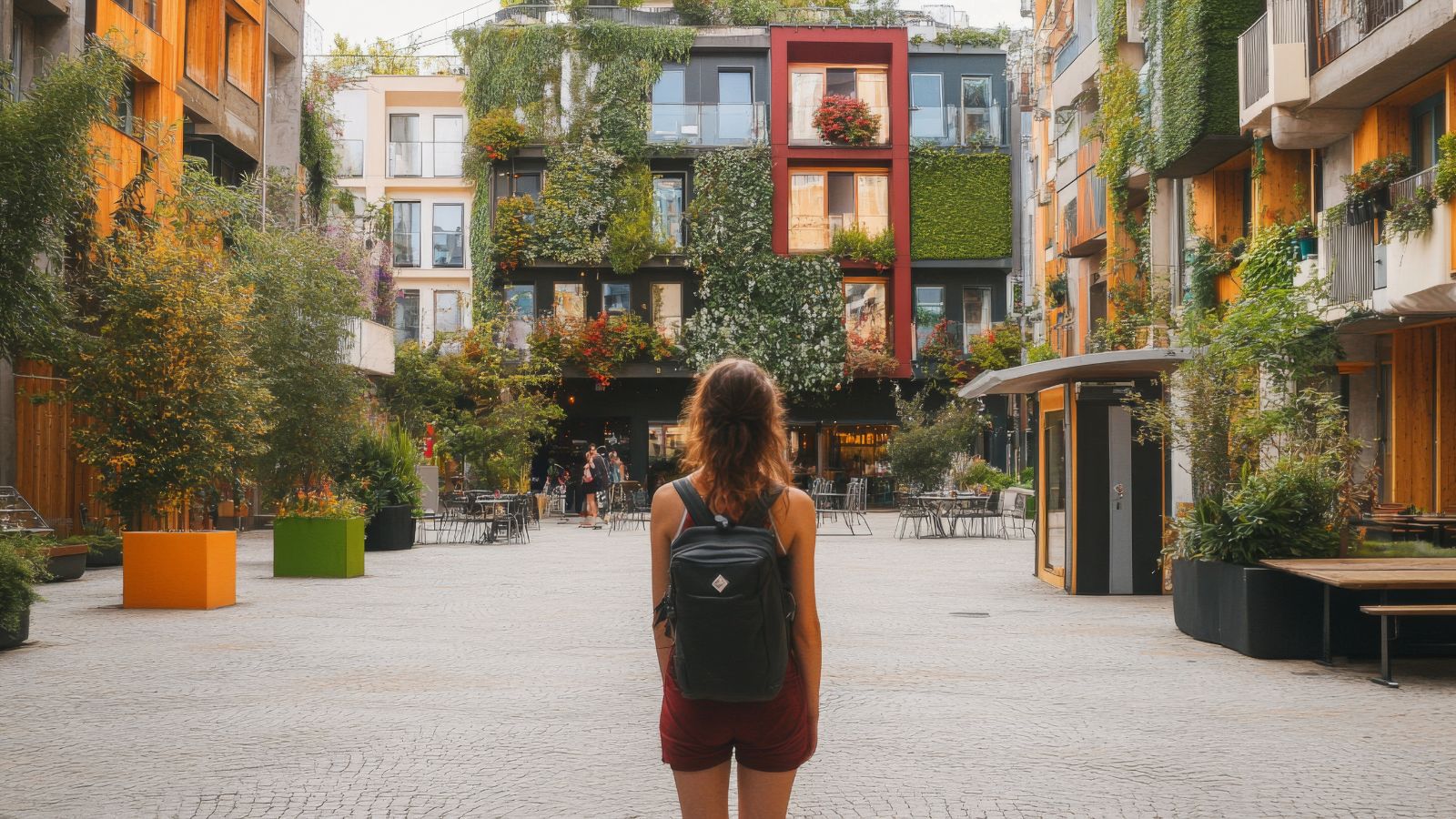 A photo of a Walkable city neighborhood near hotel, traveler stepping out.