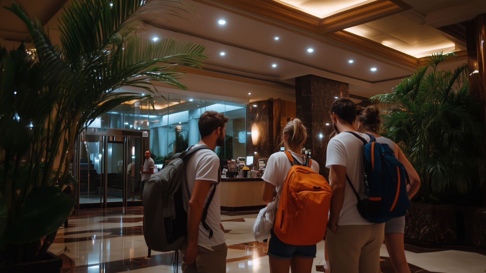 A photo of international travelers arriving at a Cancun resort lobby.