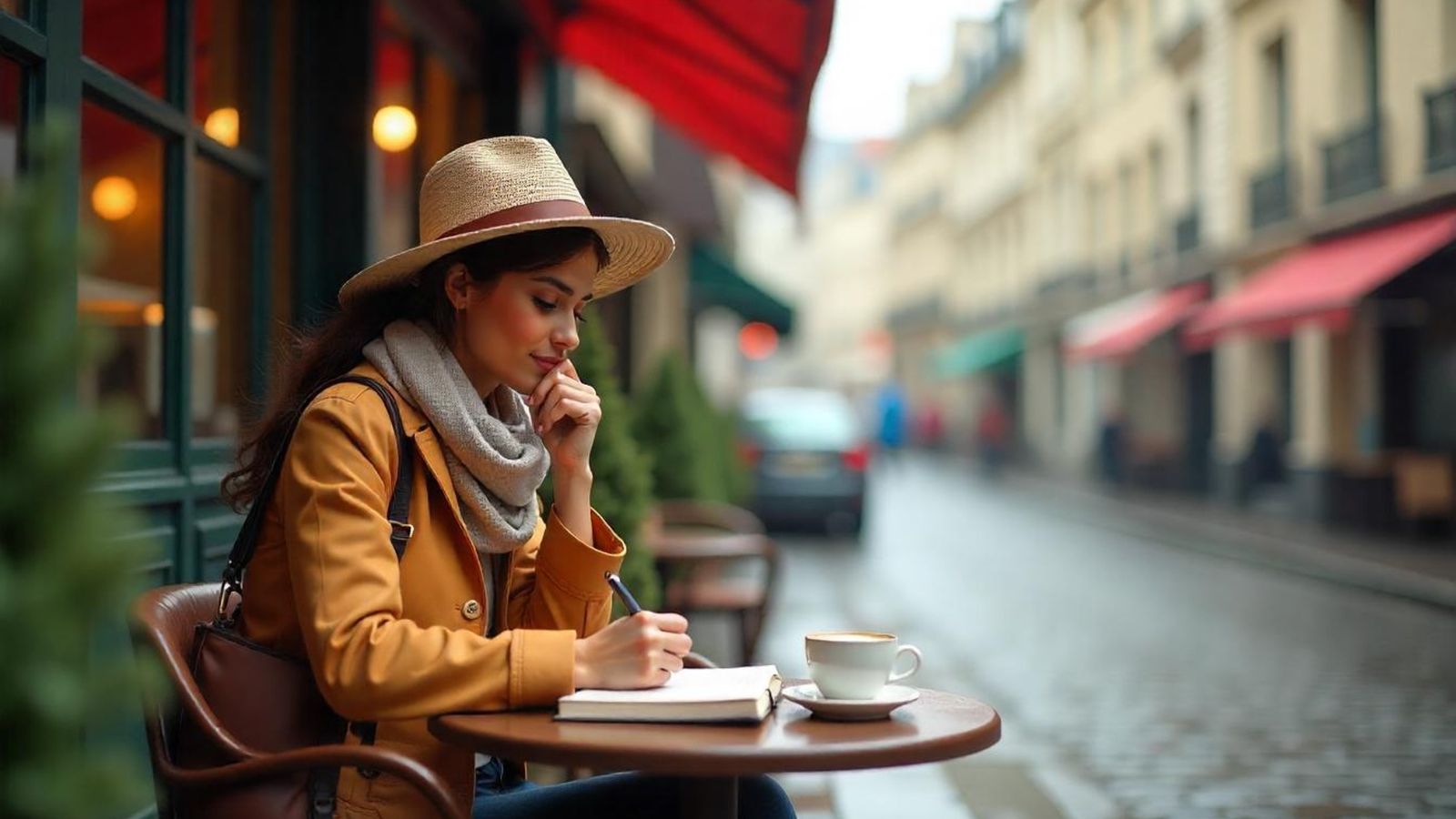 A photo of a Person sitting alone at a small café table in a foreign city, observing surroundings thoughtfully, journal or coffee on table, reflective solo travel mood.