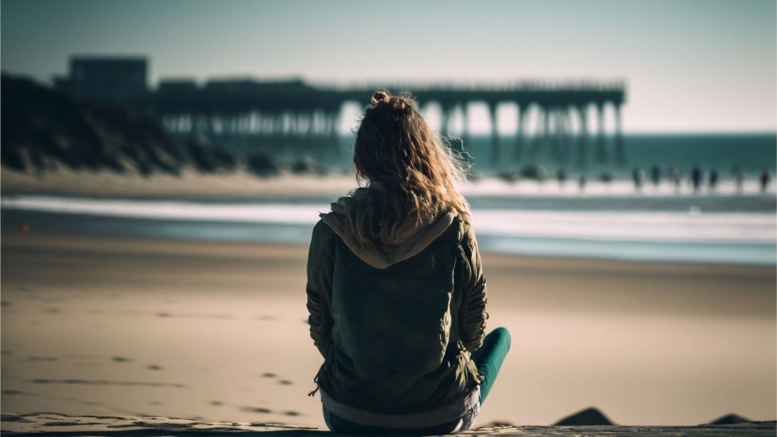A photo of a woman traveler sitting quietly on sand, thoughtful mood.