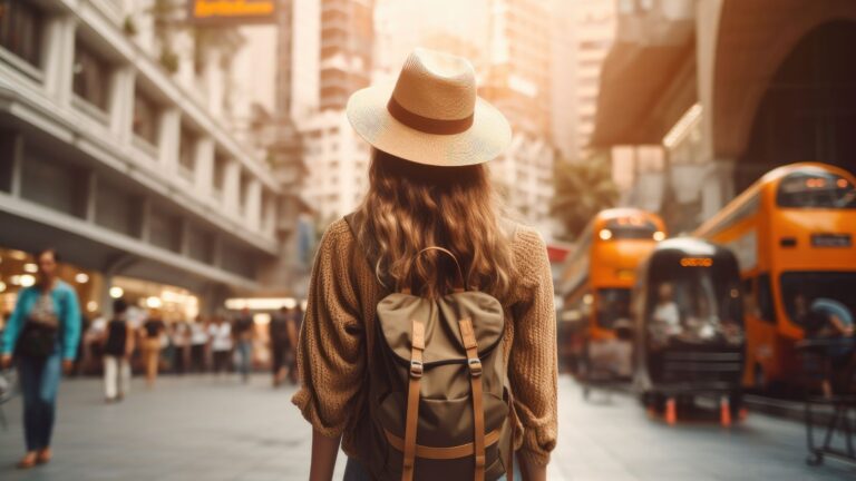 A photo of a woman with a bag facing the city crowd.