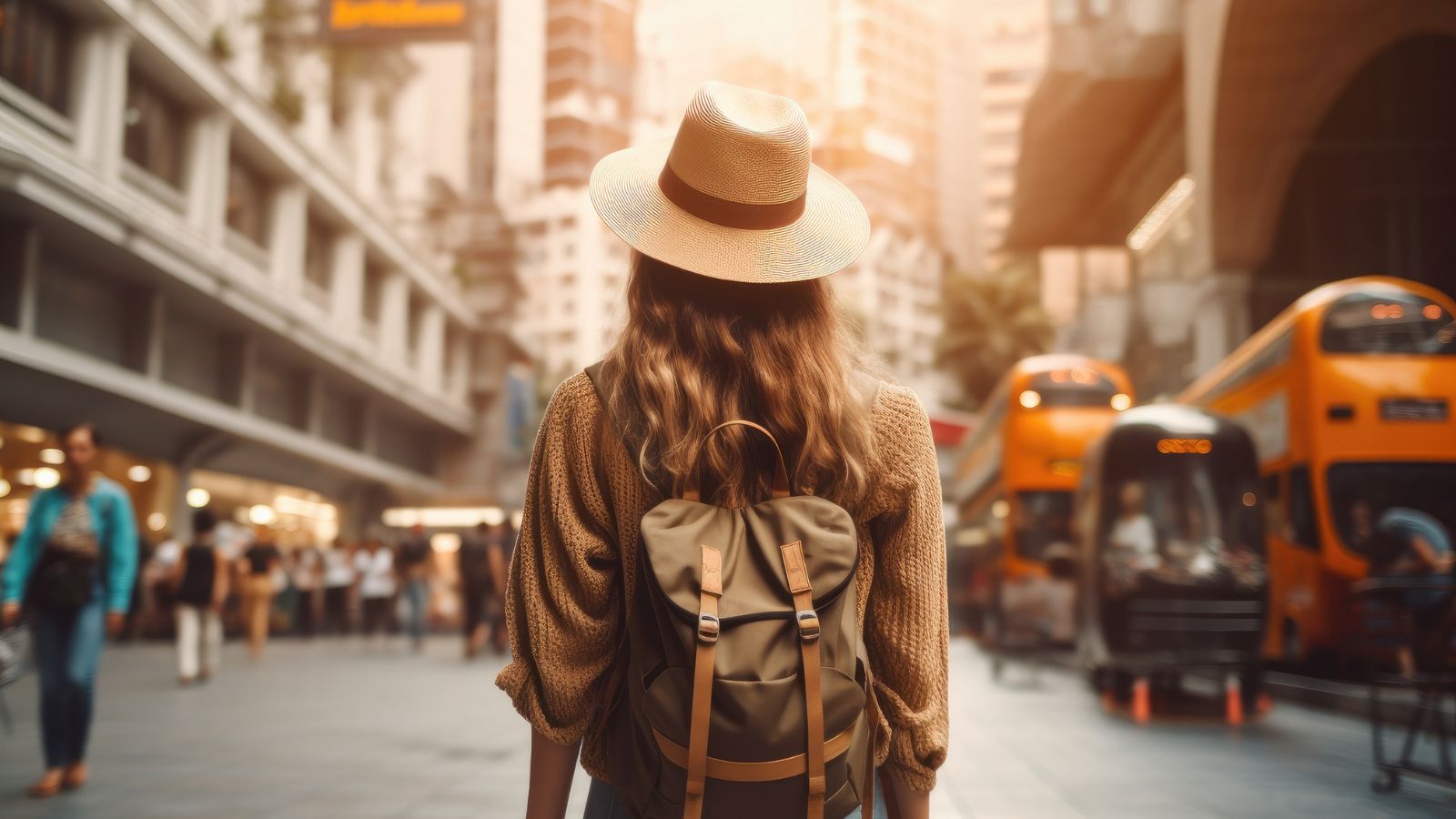 A photo of a woman with a bag facing the city crowd.