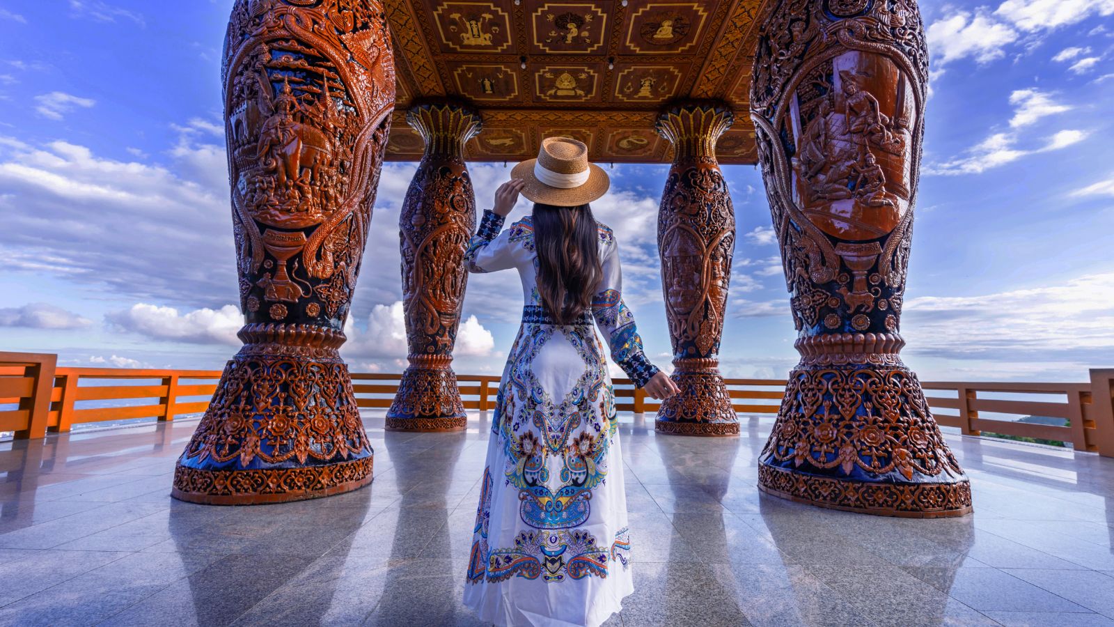 A photo of a Tourist modest dress temple.