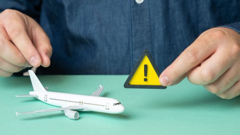 A photo that shows a man holding an airplane toy and a warning sign.