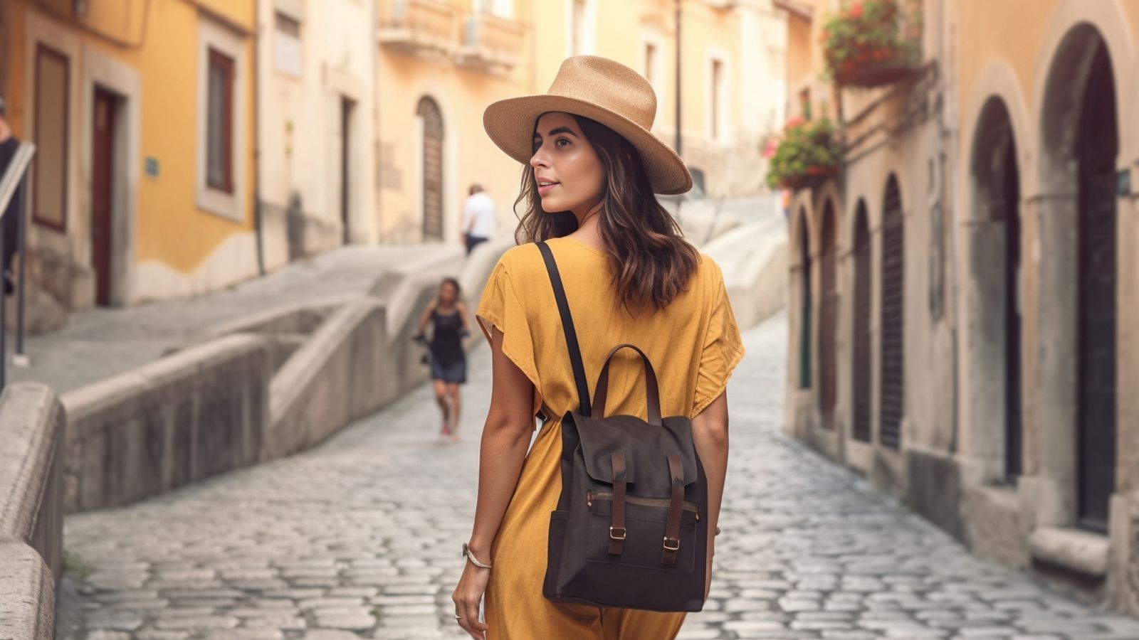 A photo of a traveler arriving in a charming walkable town.