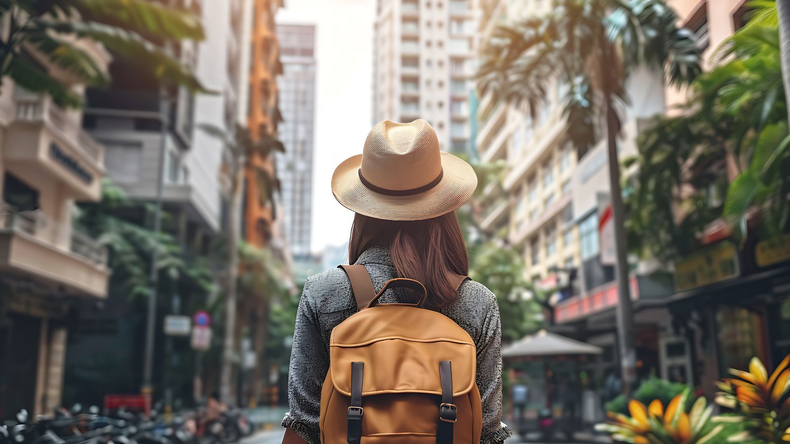 A photo of a traveler facing down town.