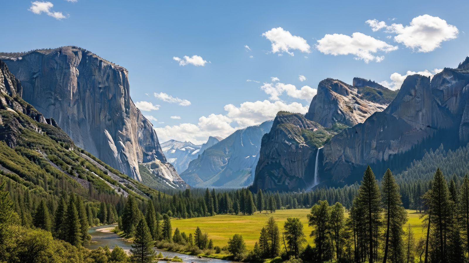 A photo of a Yosemite showing a dramatic scale, clear daylight, awe-inspiring atmosphere.