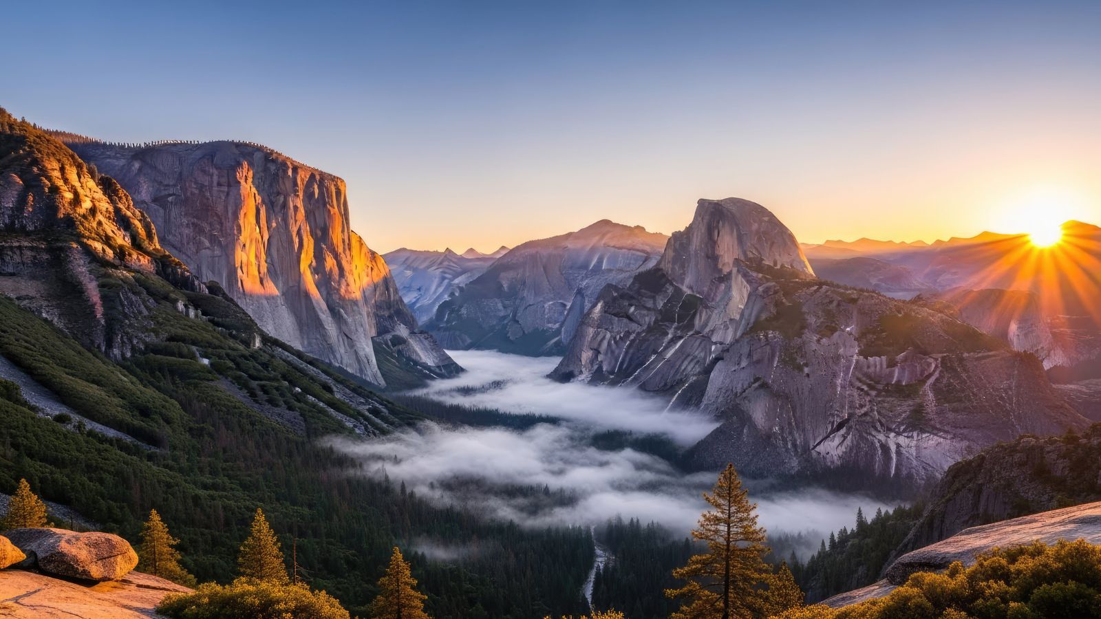 A photo of a Panoramic view of Yosemite Valley with El Capitan and Half Dome towering over the valley floor.