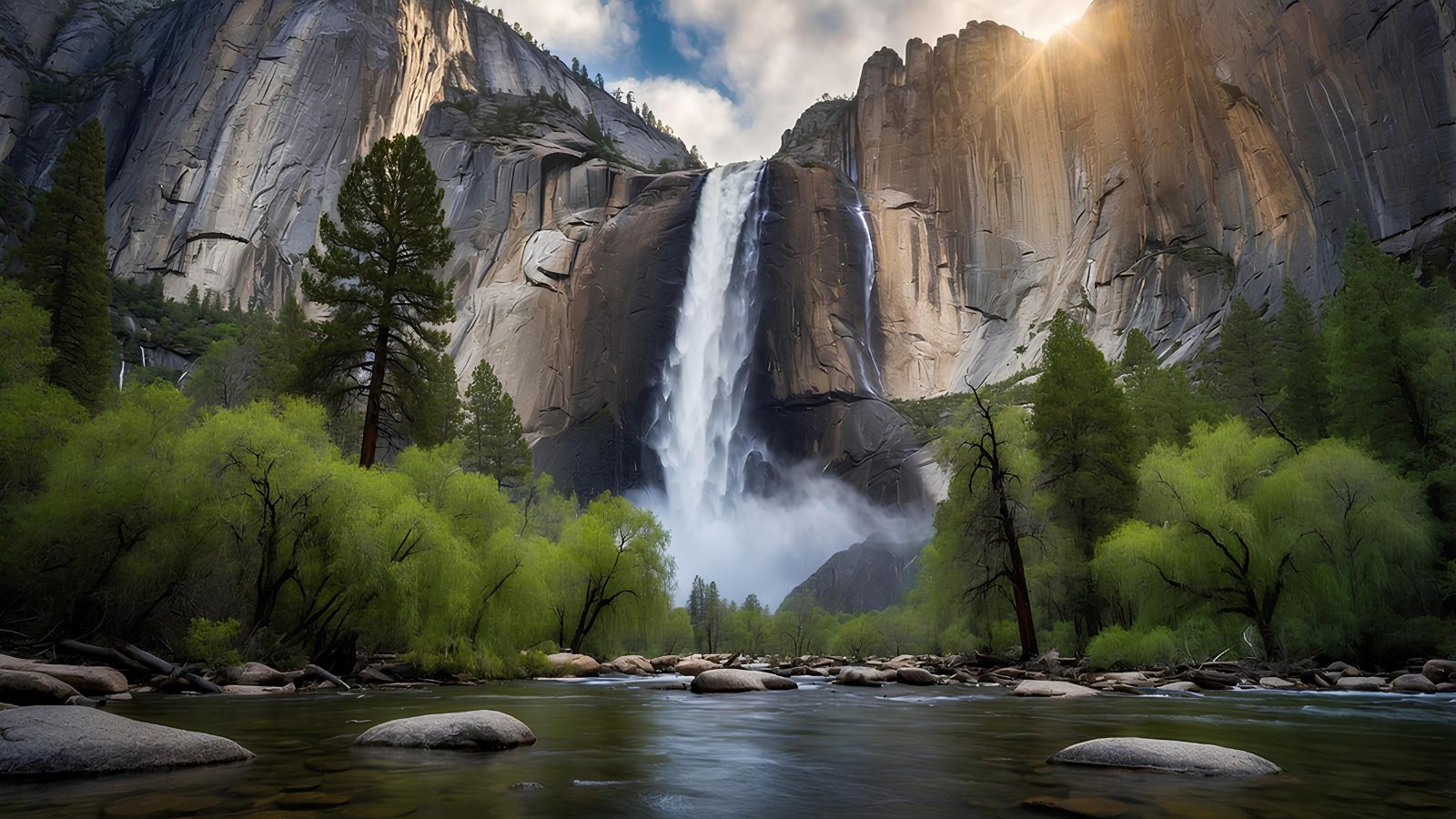 A photo of a Yosemite Falls cascading down granite cliffs in spring.