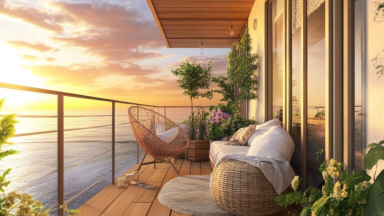 A photo of peaceful sunset balcony reflection.