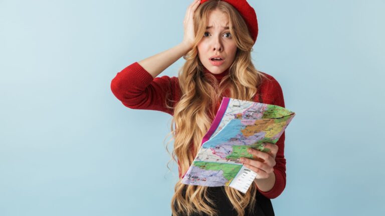 A photo of a woman traveler looking bothered.