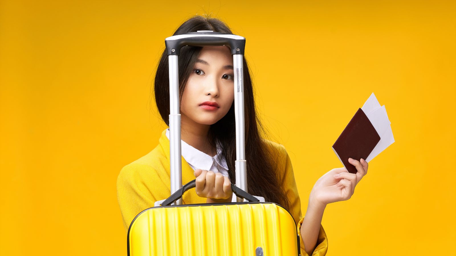 A photo of a woman that shows an expression of travel social pressure.