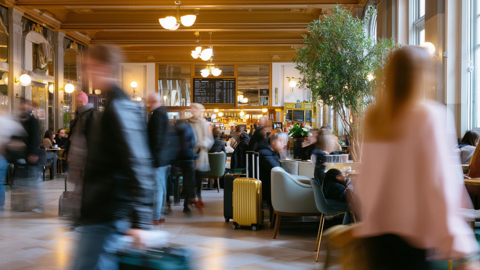 A photo of busy hotel entrance and restaurants.