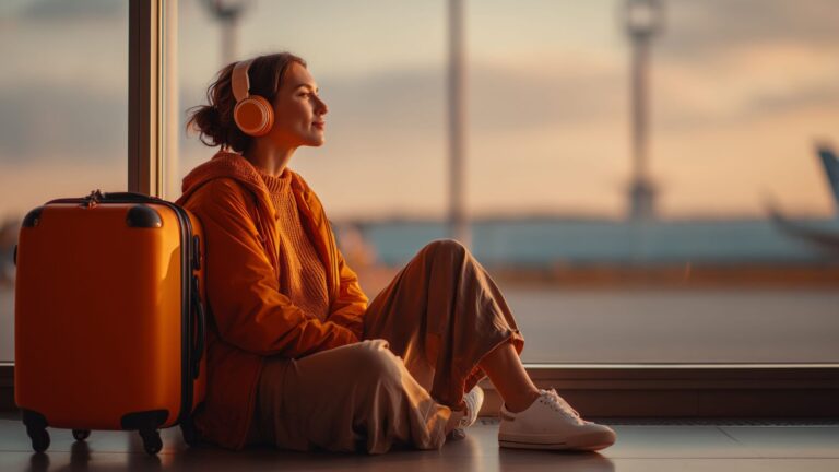 A photo of a traveler calmly sitting beside her luggage.