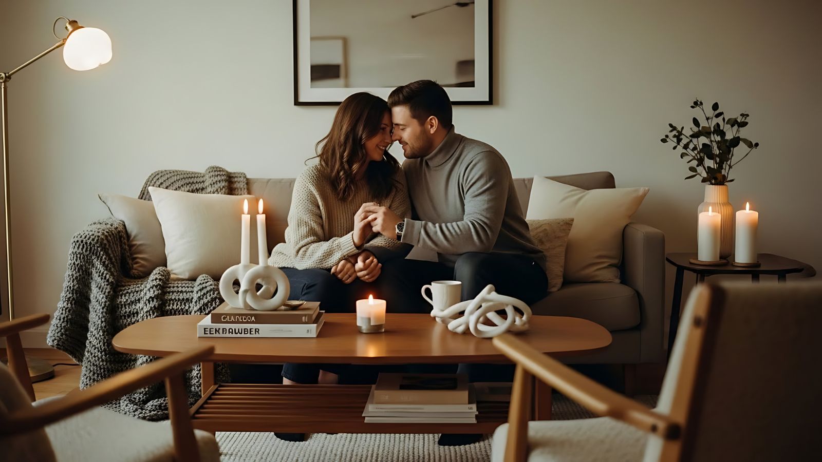 A couple sits together on a sofa in a warm, softly lit living room with candles, books, and neutral decor.