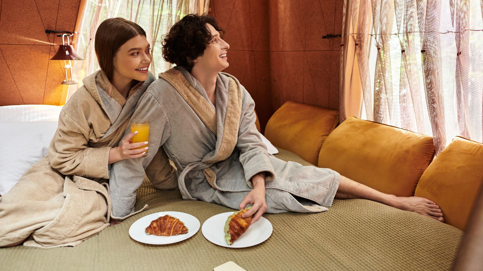 A photo that shows Couple slow hotel morning.