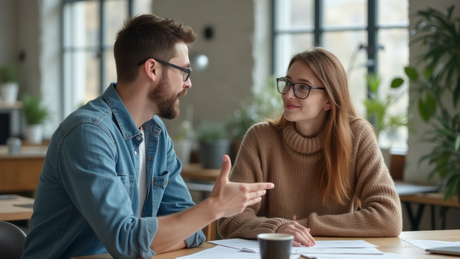 Two people converse at a table in a bright office, with documents and a coffee cup in front of them.