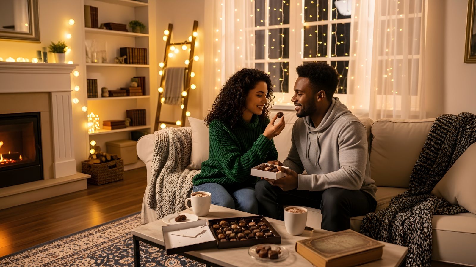 A woman and man share chocolates and coffee on a couch in a cozy, warmly lit living room with string lights and a fireplace.