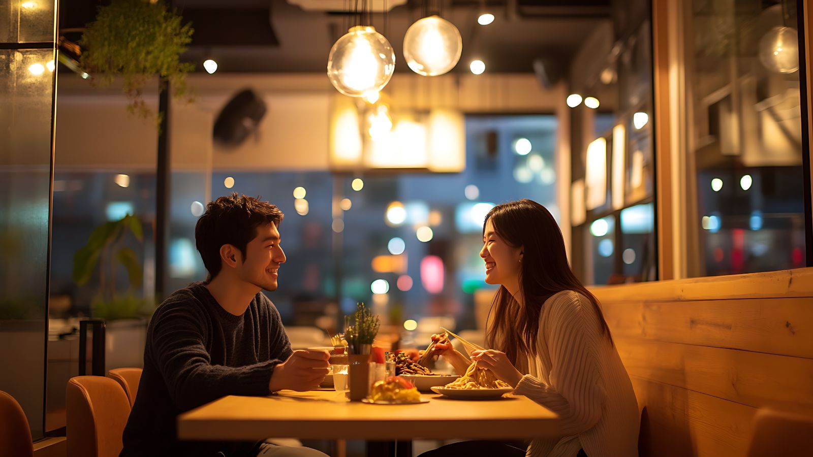 A man and woman smile as they eat dinner together across a restaurant table in warm lighting.