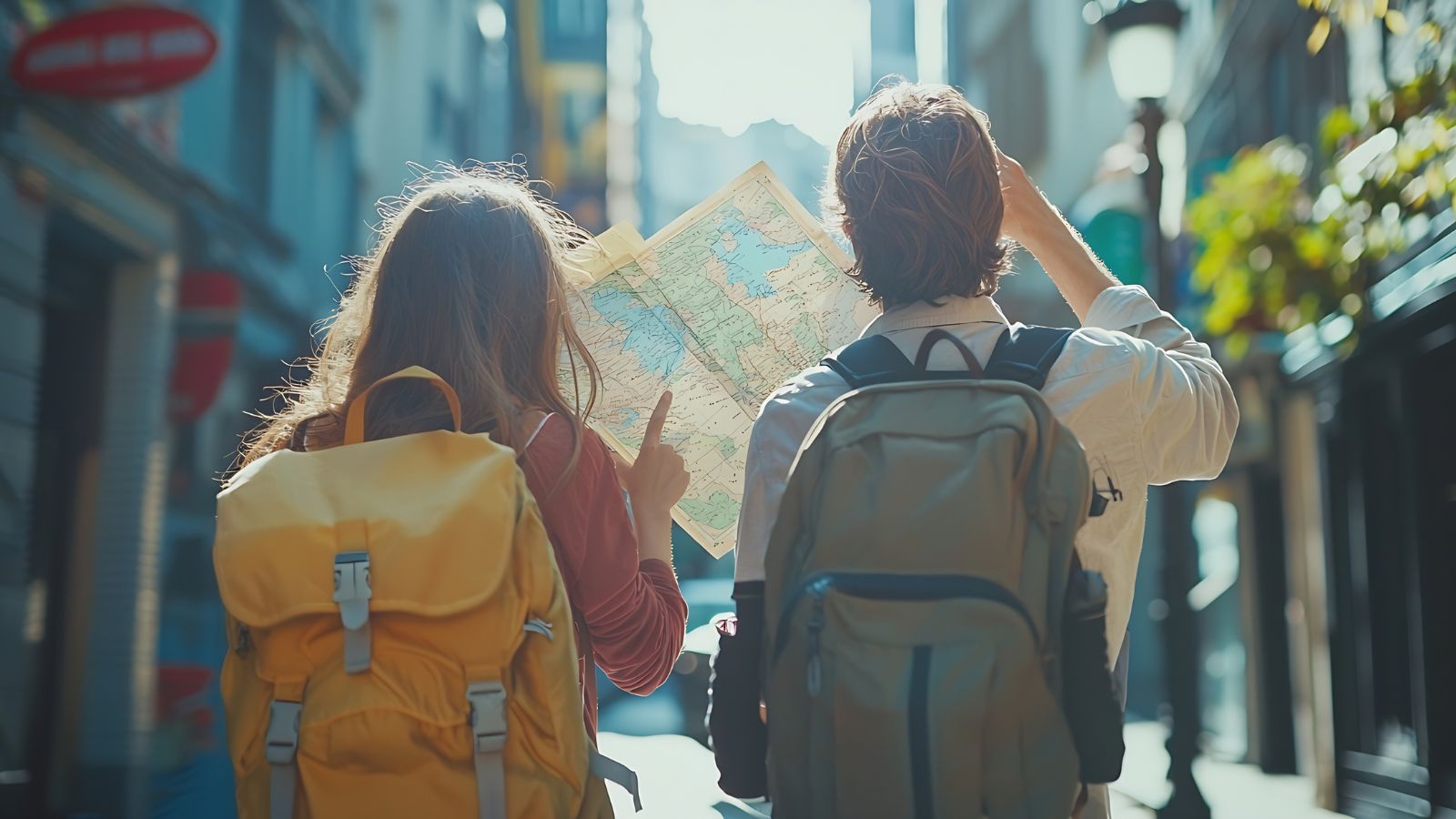 Two backpackers stand in a sunlit city street, examining a map as one points at it.