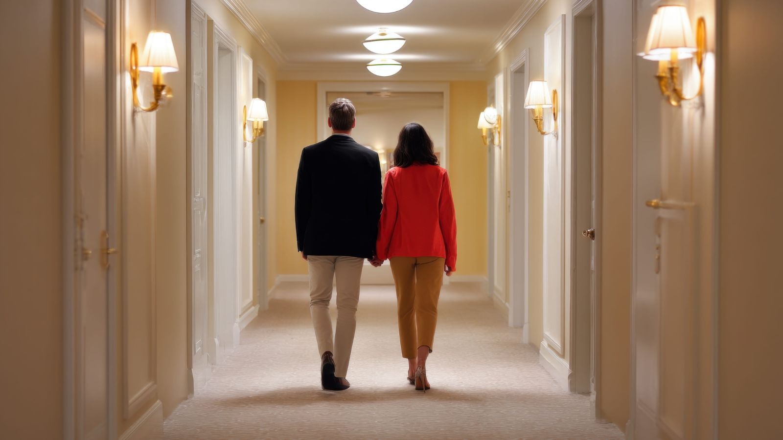 A photo  of a couple walking together in a charming town or hotel corridor.