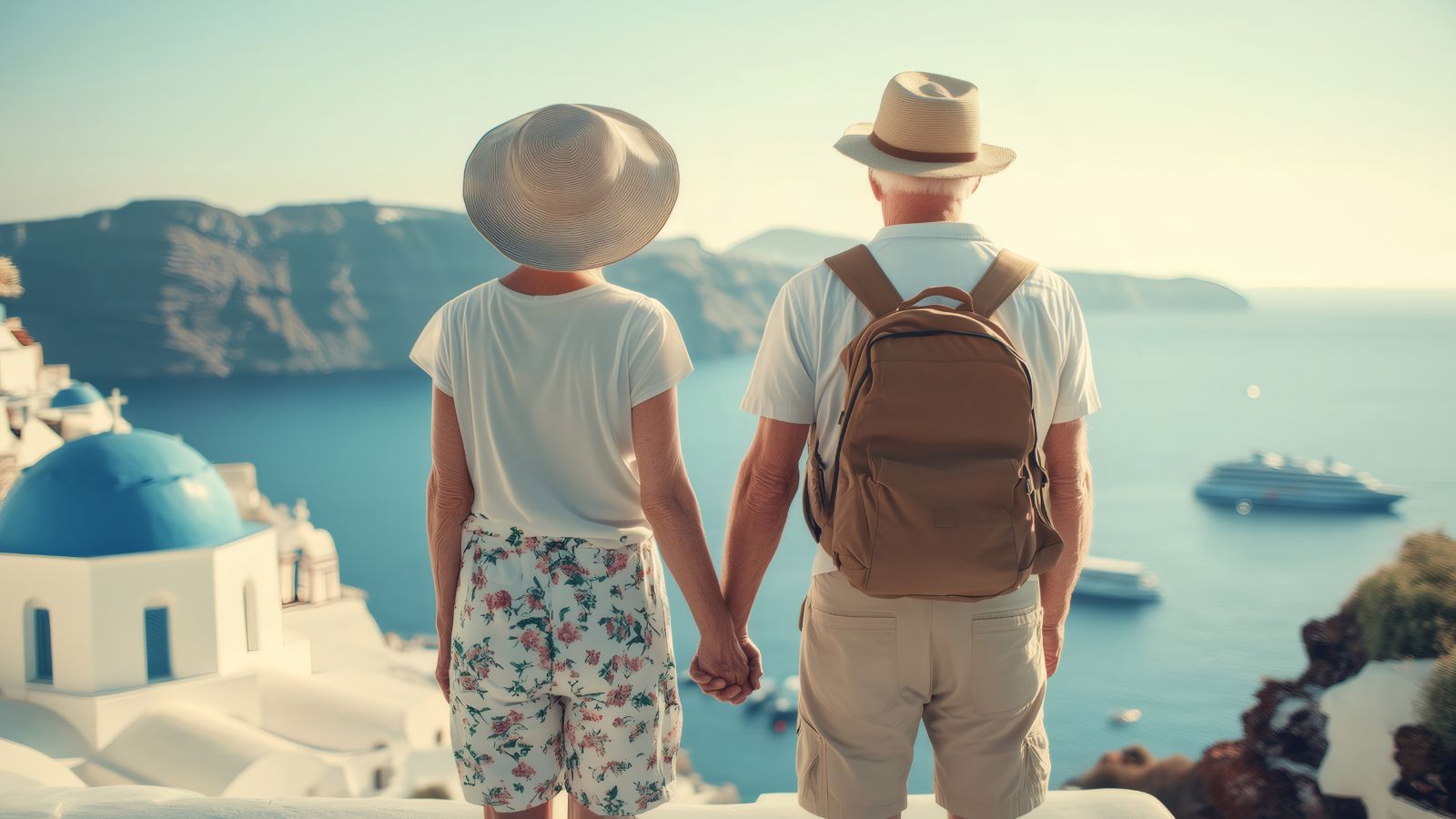 An older couple holds hands on a terrace in Santorini, Greece, overlooking the sea, white buildings, and cruise ships below.