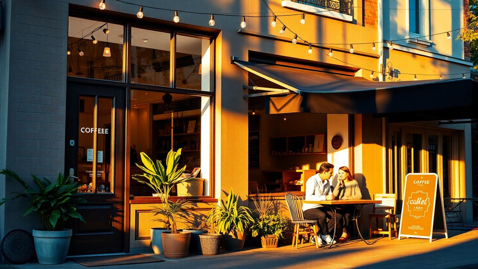 Two people sit at a small outdoor table by a coffee shop in evening light, surrounded by potted plants and warm lights.