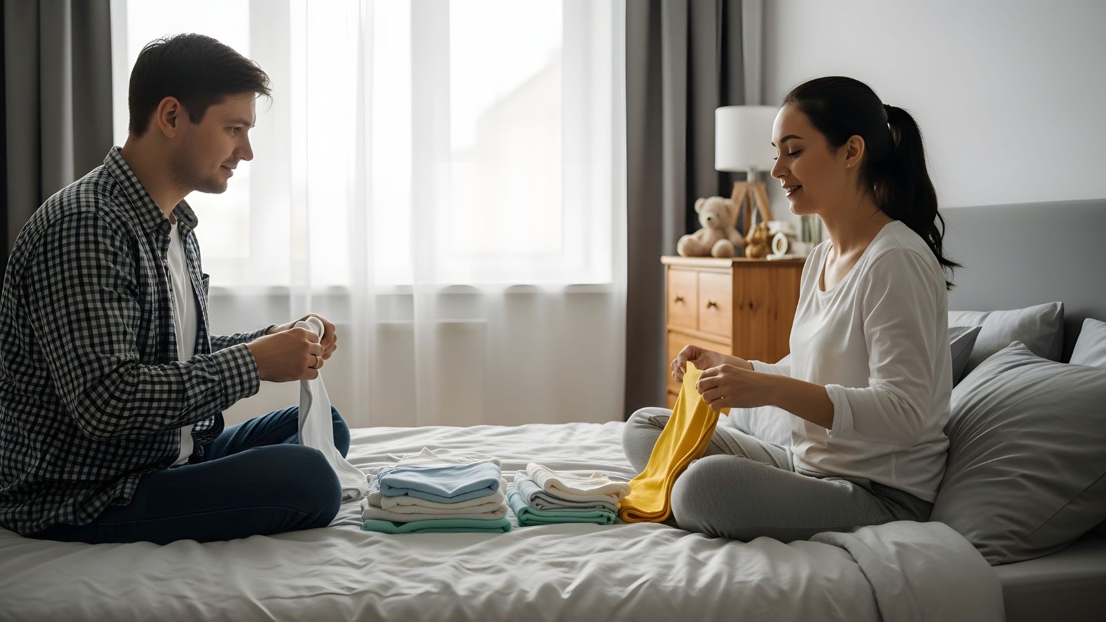 A photo of Couple packing for a Valentine’s trip in a cozy bedroom.