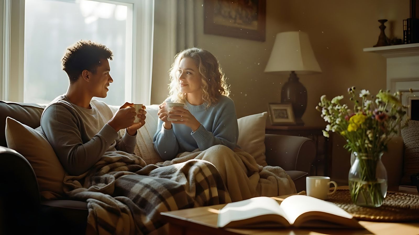 Two people share a blanket, sipping hot drinks and smiling at each other on a couch in a cozy, sunlit living room.