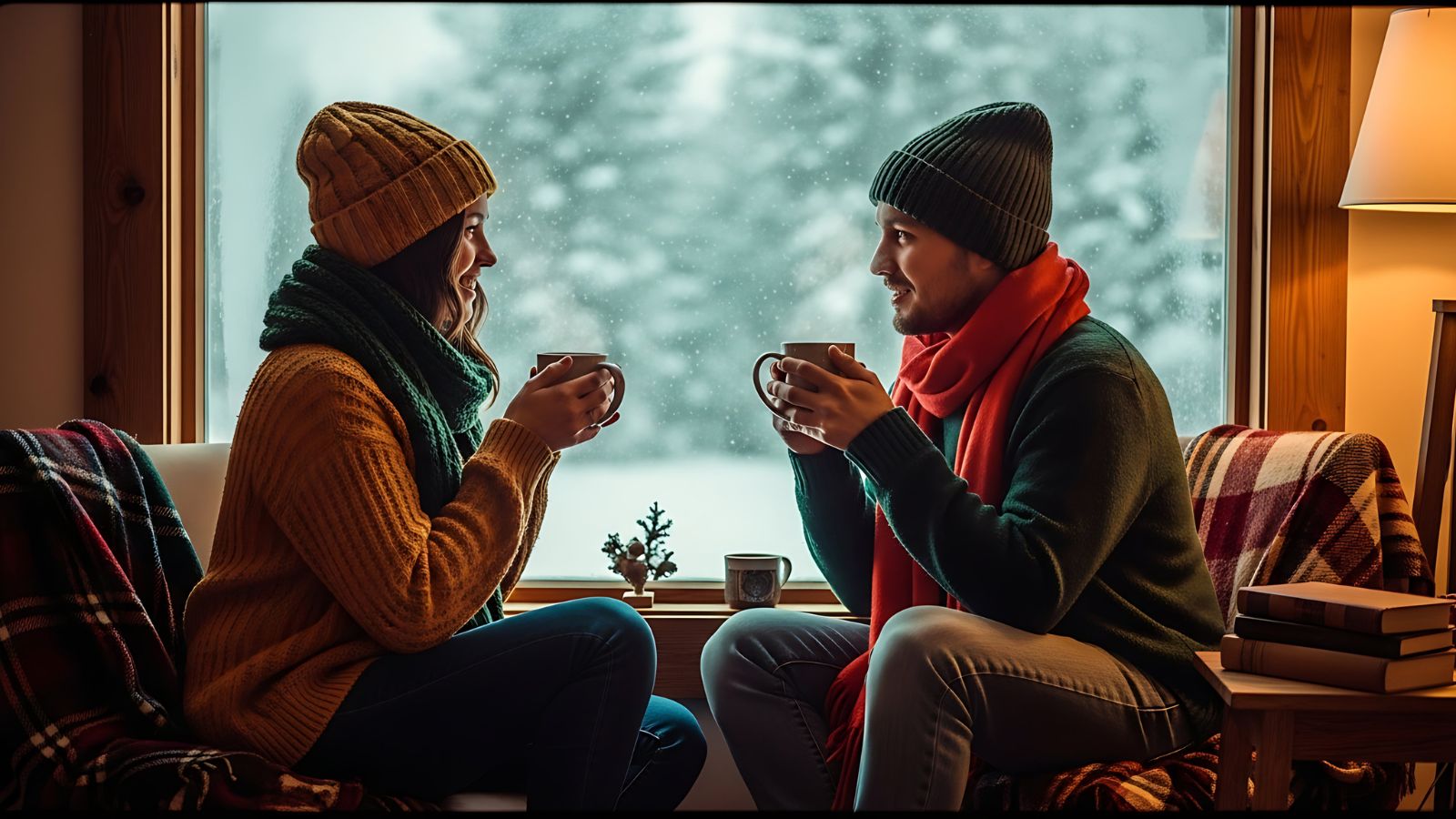 Two people in winter clothes sit by a snowy window indoors, holding mugs and facing each other amid blankets, a plant, and books.