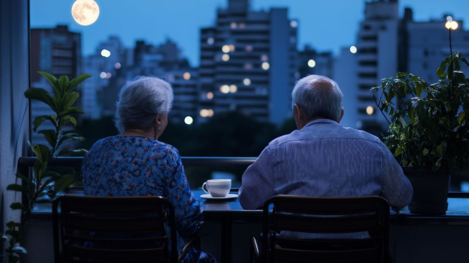 Two elderly people have coffee at a balcony table, overlooking city buildings at night beneath a full moon.
