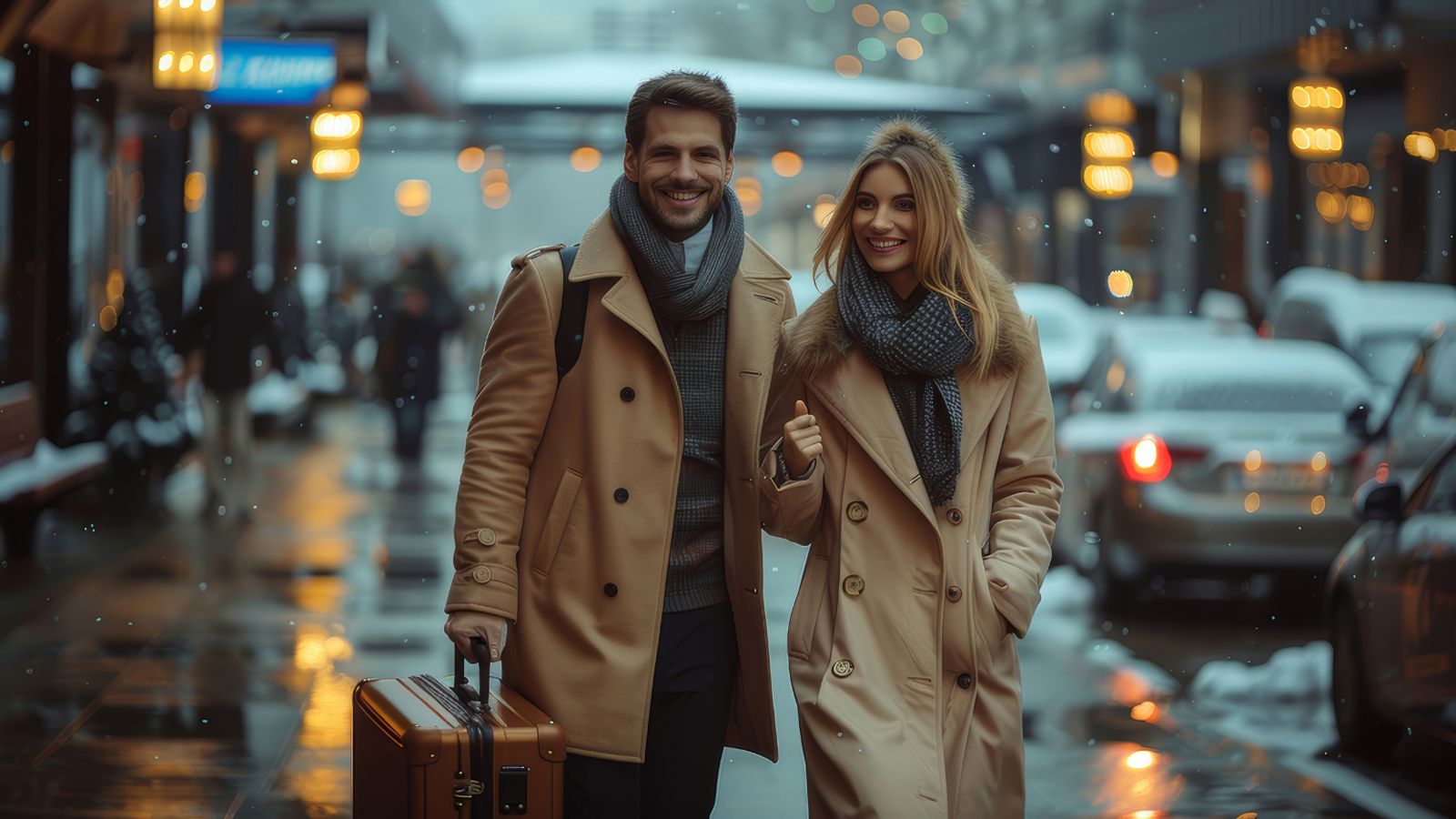 A smiling man and woman in tan coats walk on a snowy city street as the man pulls a suitcase, with cars and lights behind them.