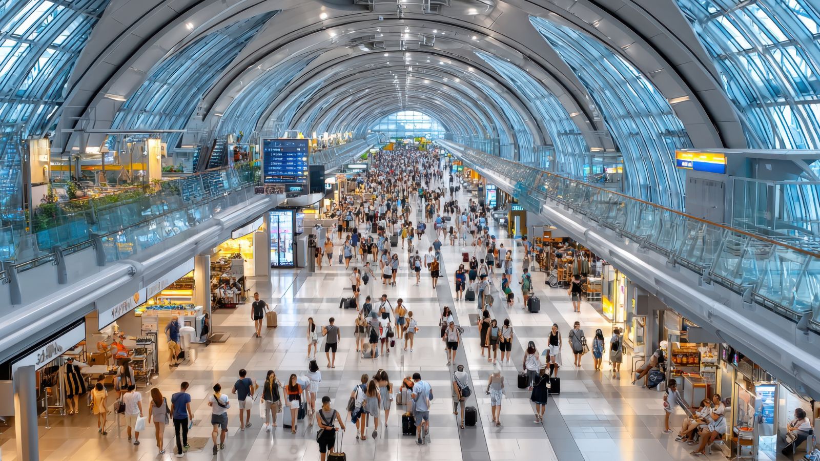 A photo that shows busy airport terminal energy.