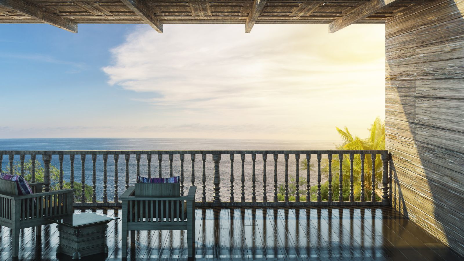 A photo of hotel balcony sunrise quiet.