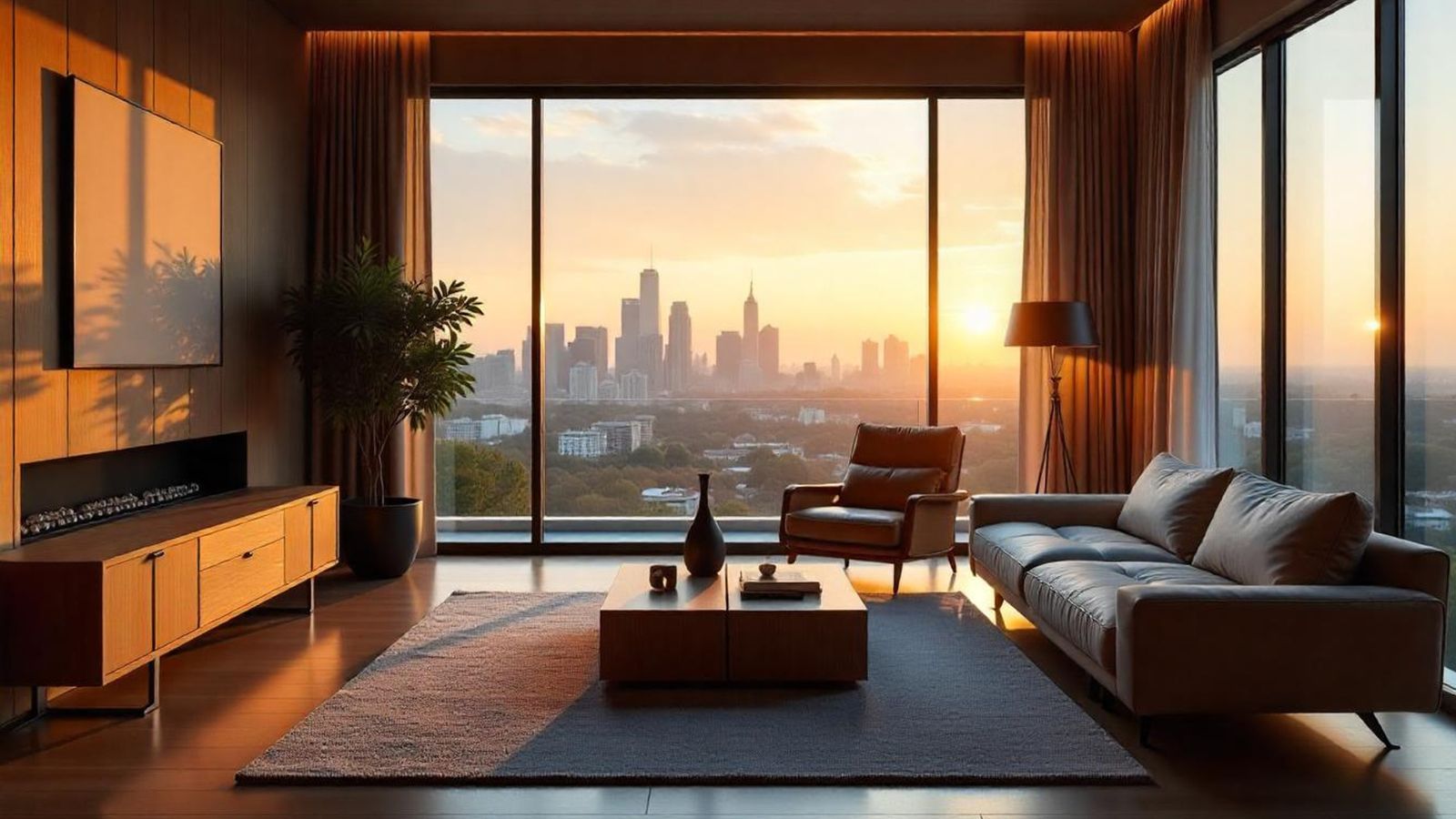 A photo of luxury hotel room with oceanfront balcony or city skyline view.