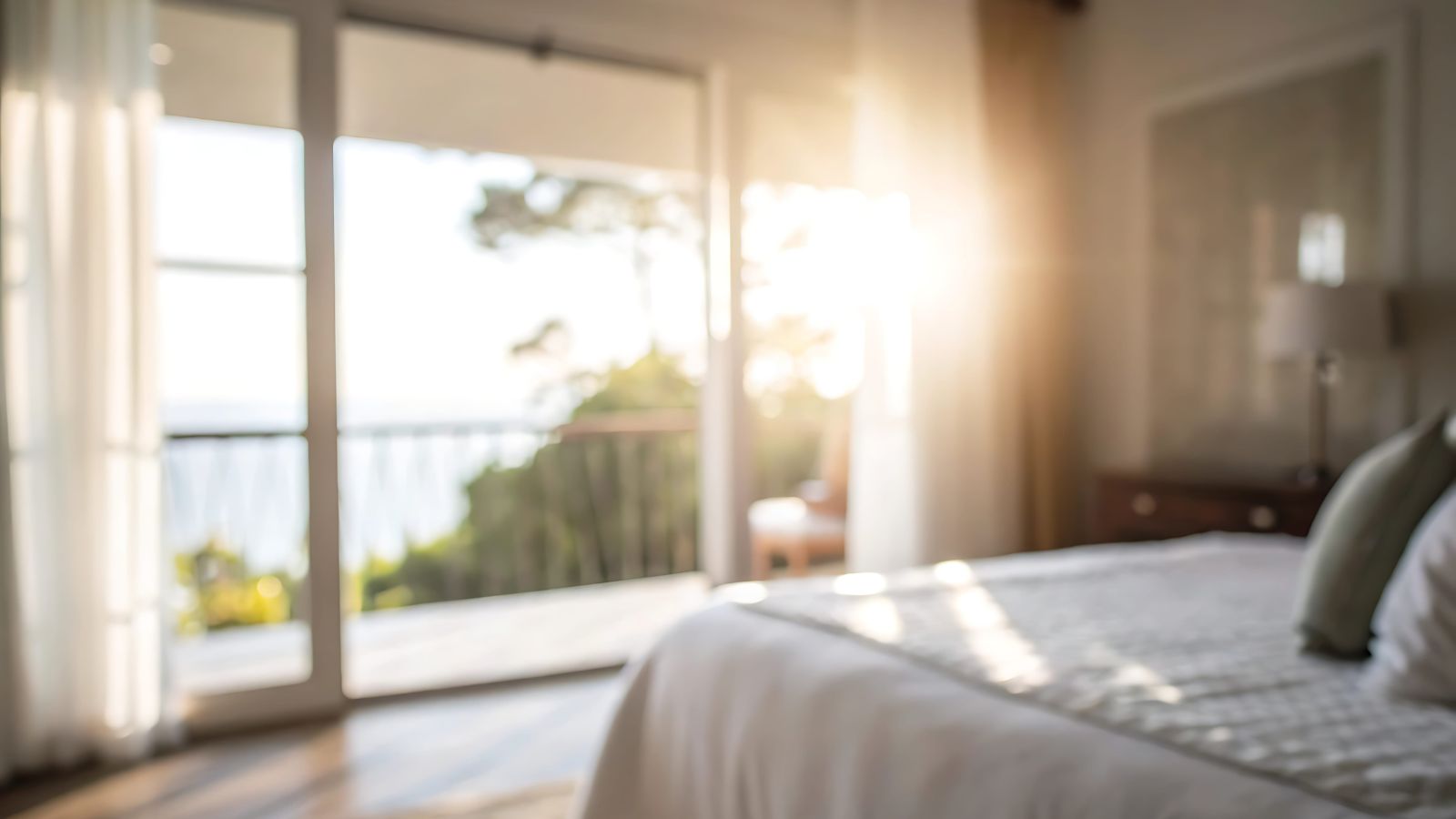 A photo of a hotel room during sunrise.