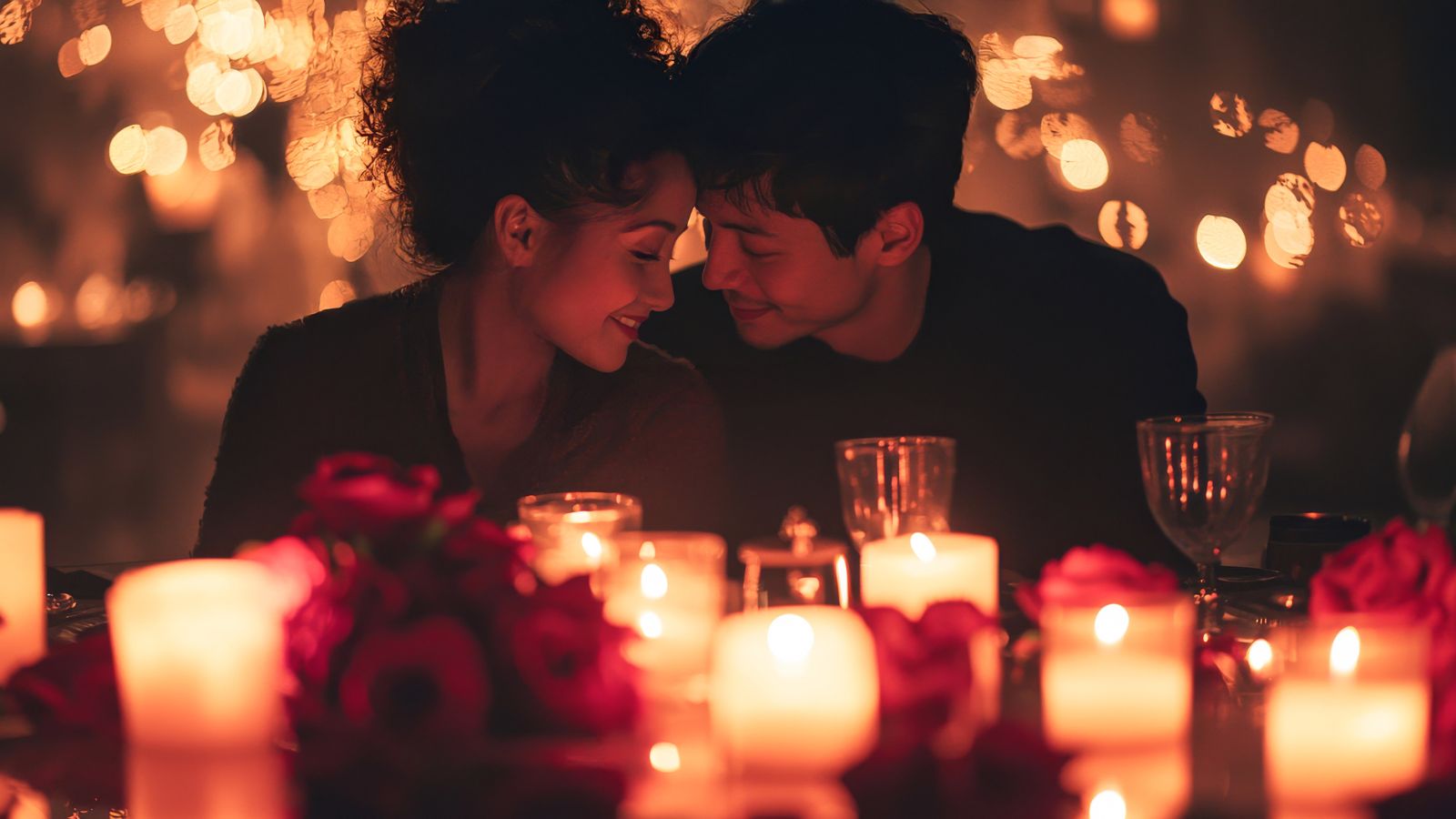 A photo of couple lingering candlelight table.