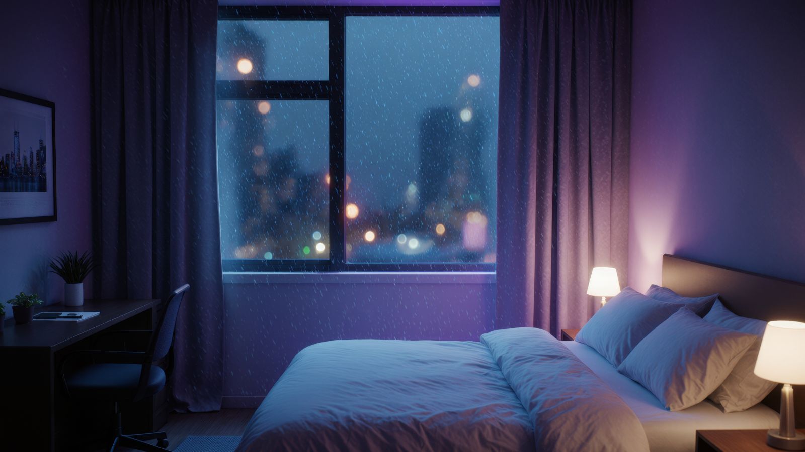 A photo that shows city hotel room with window showing traffic and neon lights, night, bed near window, dark curtains partially open.