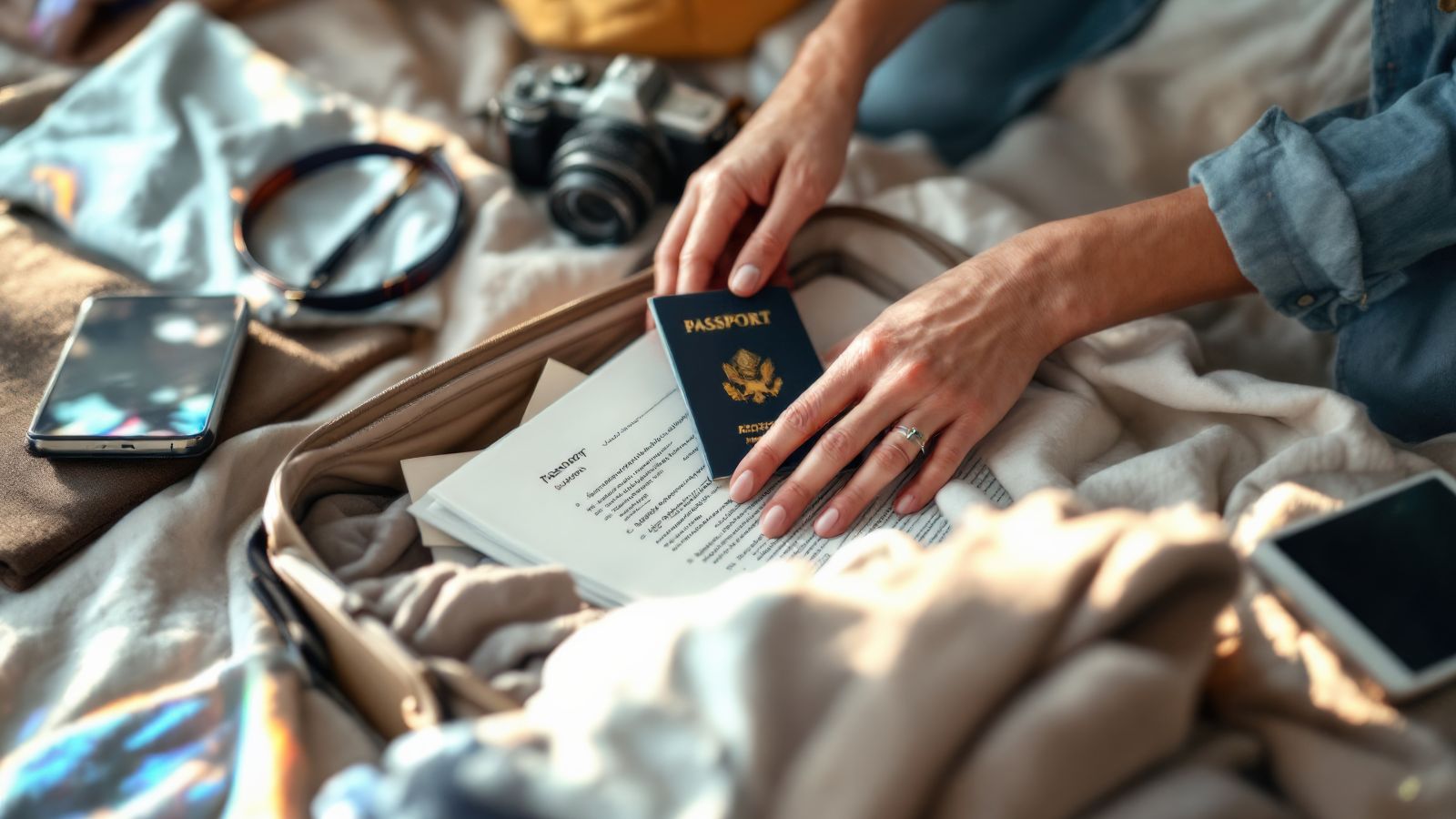 A photo of a Traveler packing luggage on bed while passport and travel documents.