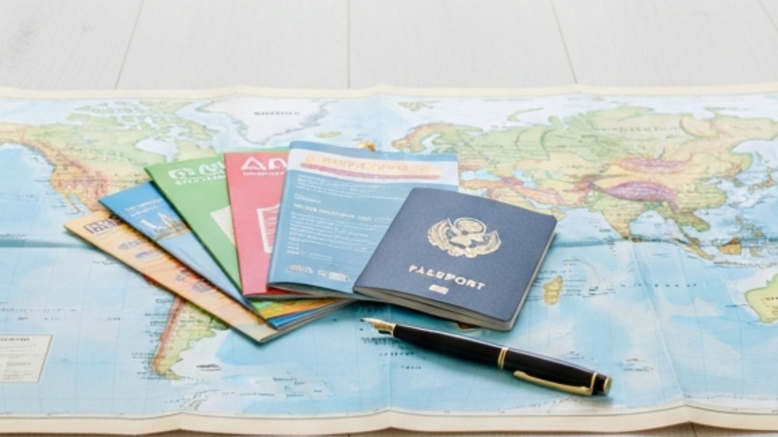 A photo of documents for multiple countries.