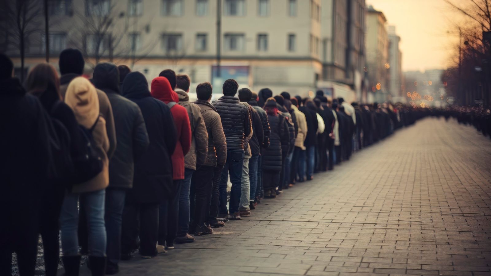 A photo that shows a crowded line quiet frustration.