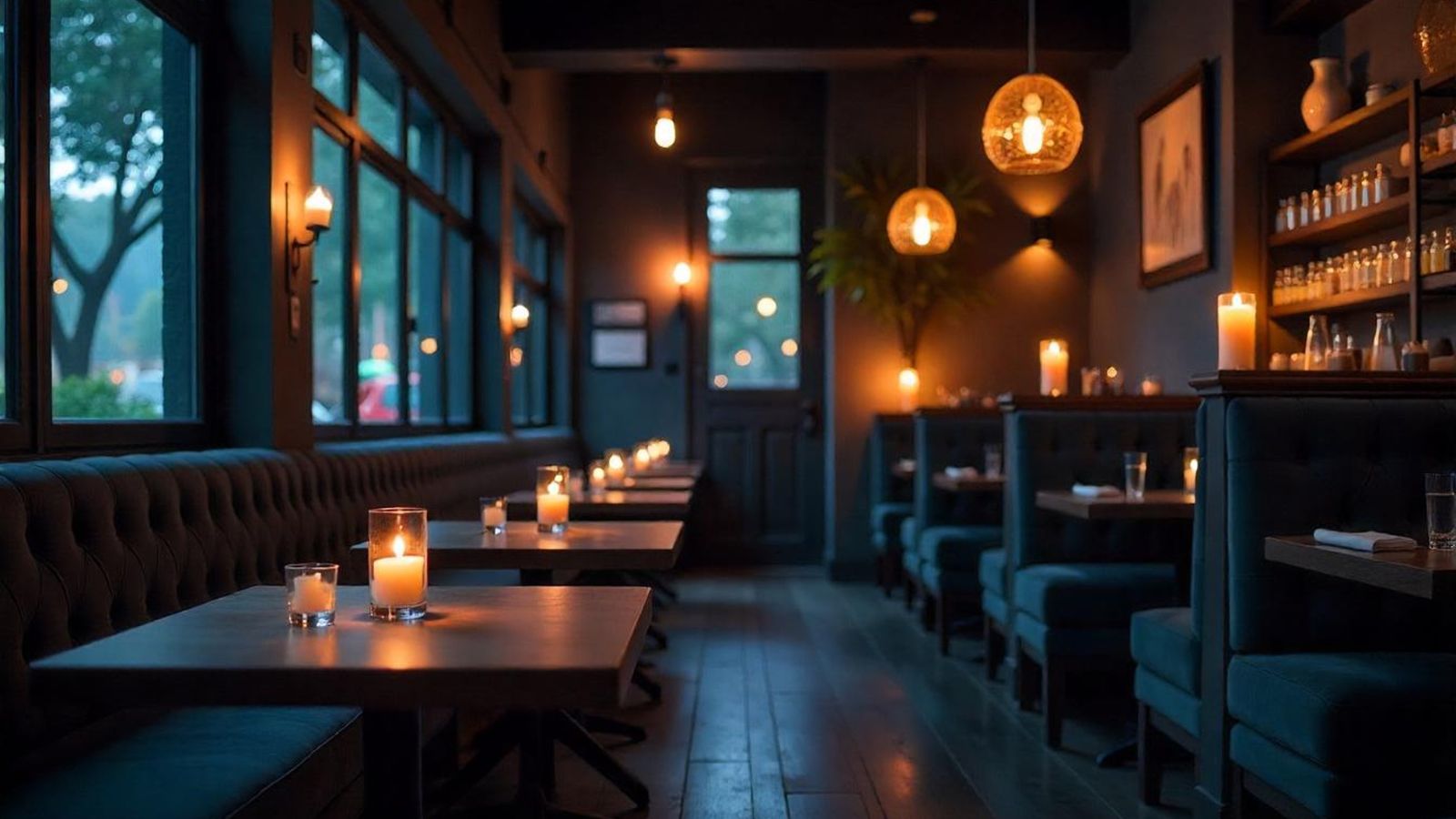 A photo of an intimate restaurant warm lighting.