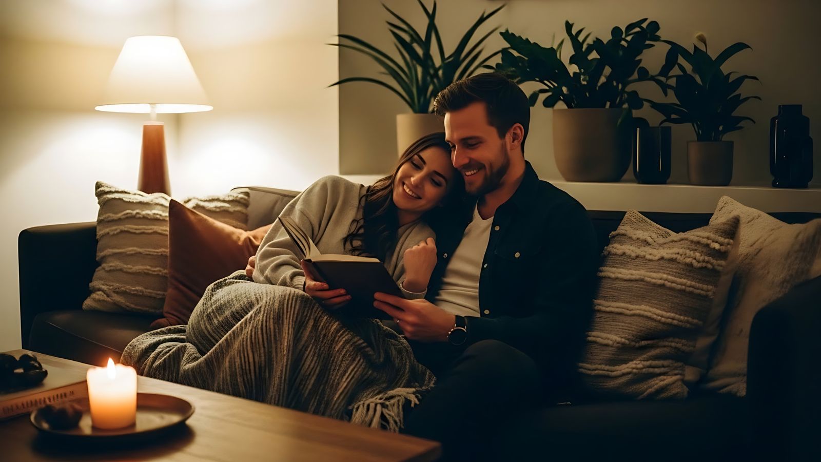 A couple sits on a sofa under a blanket, smiling at a tablet in a cozy living room with warm light, plants, and a candle.
