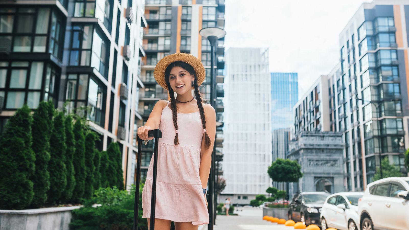 A photo of a tourist showing a feeling of arrival.