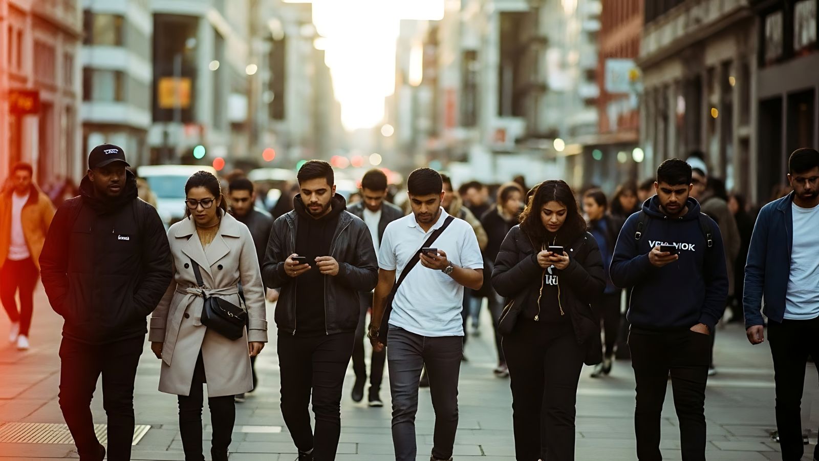 A photo of Tourists checking phones and watches while walking through a busy city.
