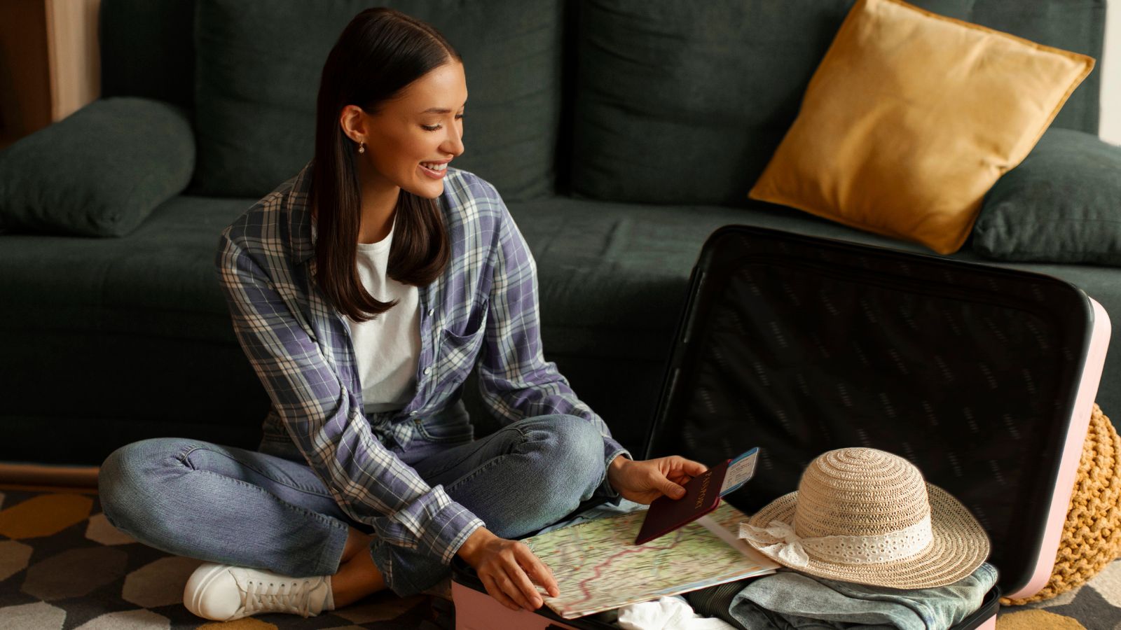 A photo of a Calm traveler organizing passport, tickets, and itinerary before international trip.